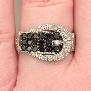 10K Black Diamond Buckle Ring, White Gold, Size 8, Luxury